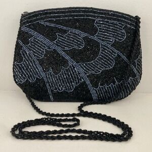 Vintage Beaded Art Deco Shell Crossbody Evening Bag Purse Black Blue Retro Prom